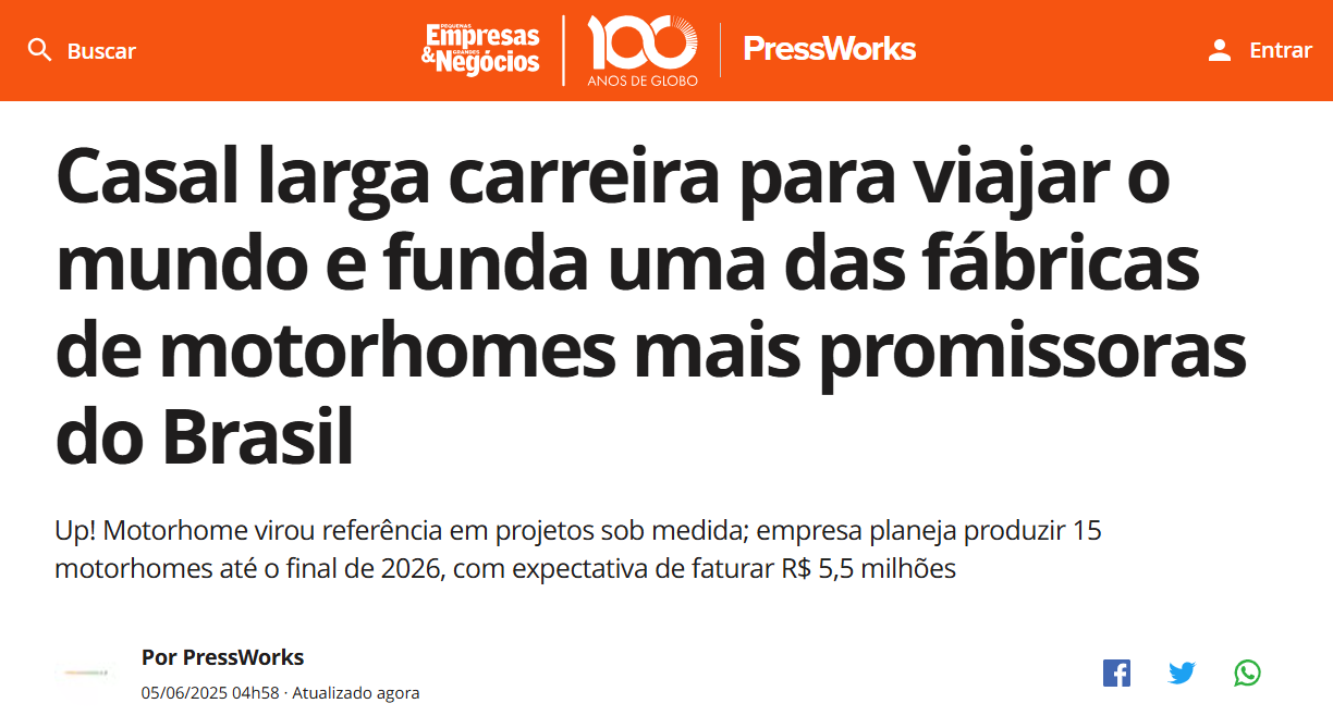 A empresa UP! Motorhome virou notícia na PEGN como uma das fábricas de motorhomes mais promissoras do Brasil